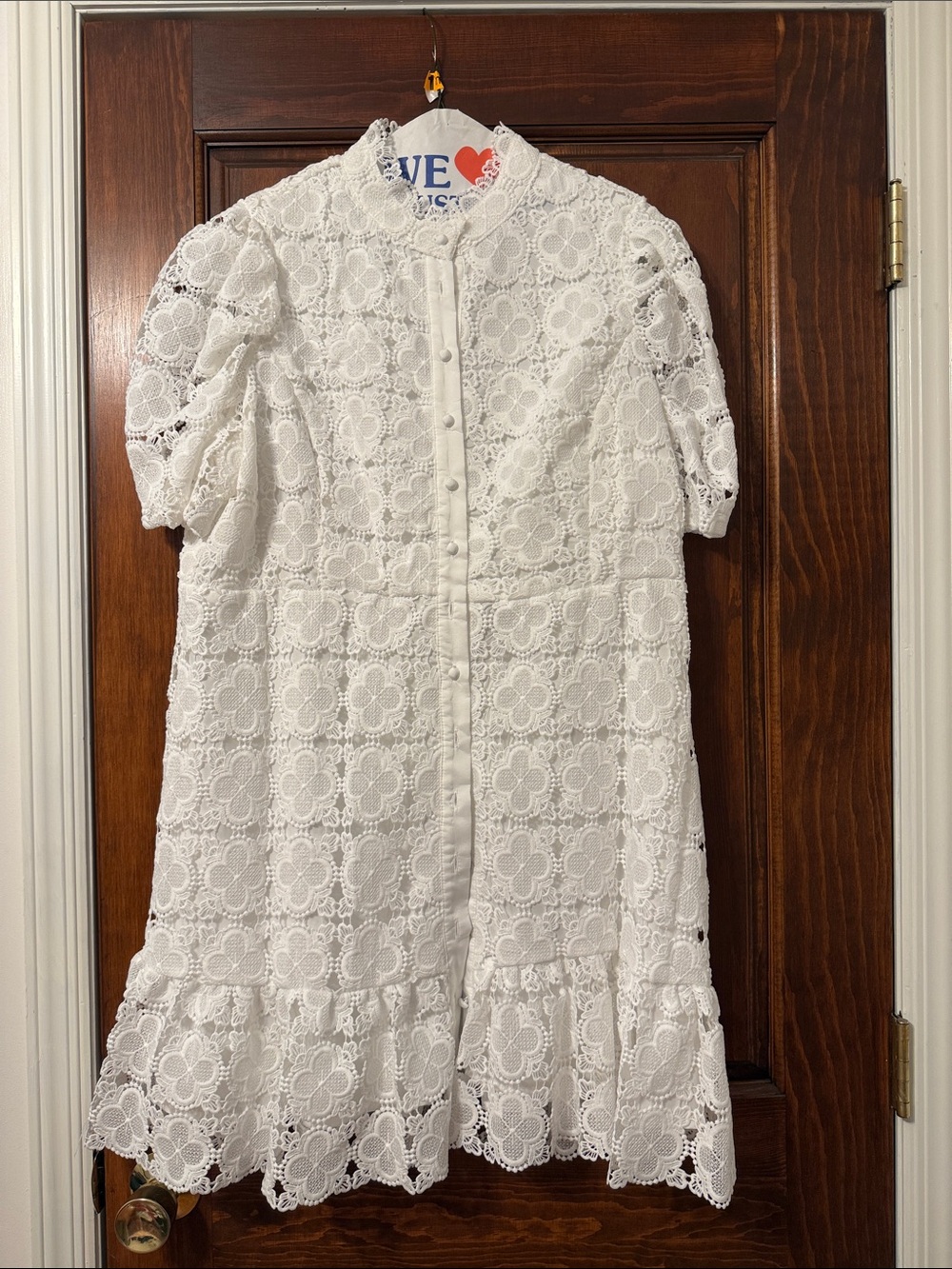 Aqua White Floral Lace Button-Front Formal Dress
